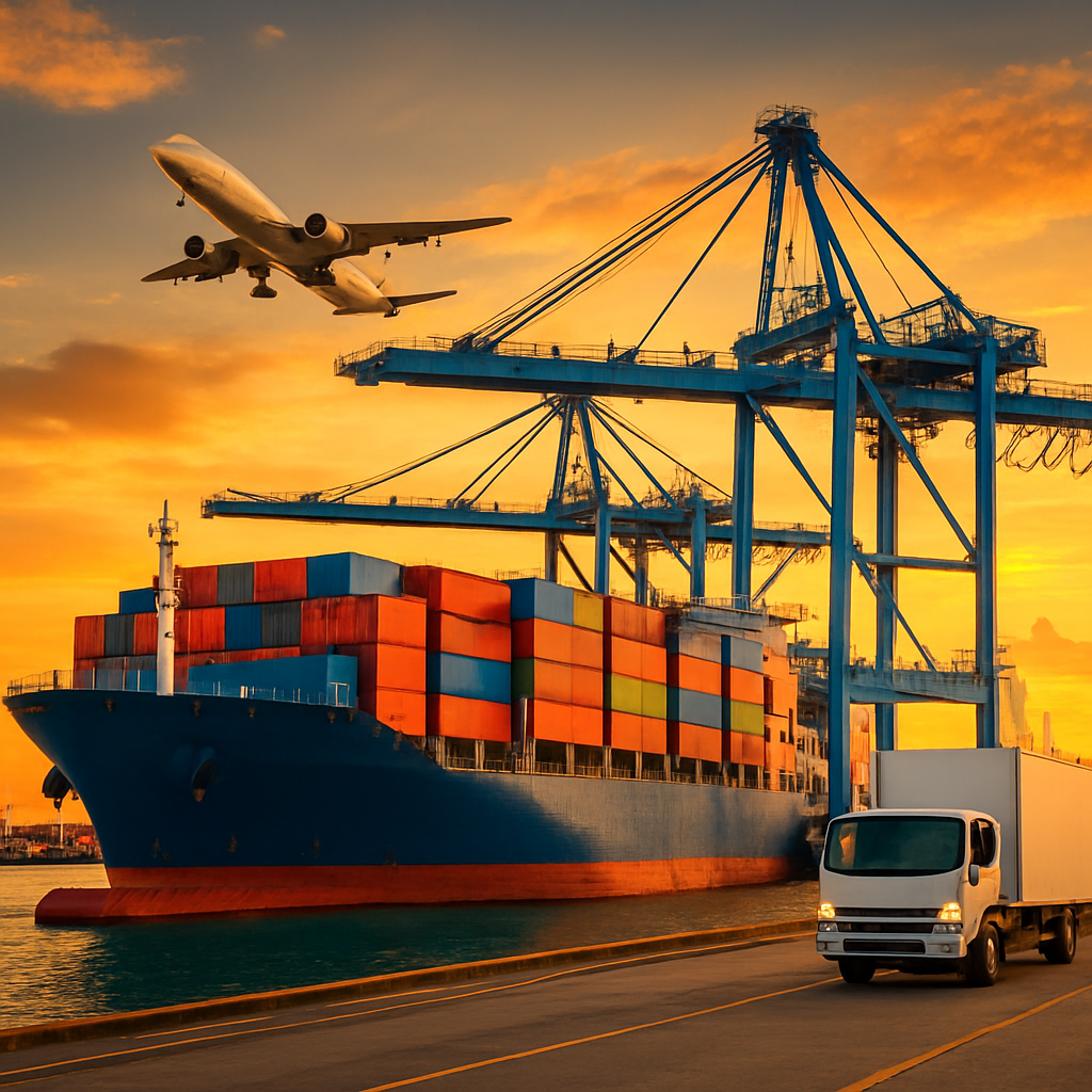 International trade port with a container ship, gantry cranes, cargo plane and delivery truck