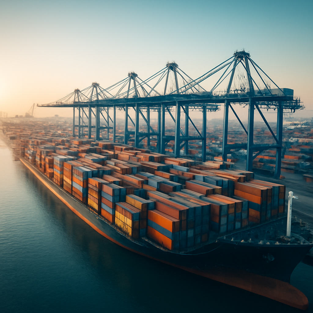 International shipping port at dawn with cargo containers and cranes